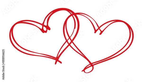 Obraz Two intertwined red heart outlines drawn in a simple flowing line art style.