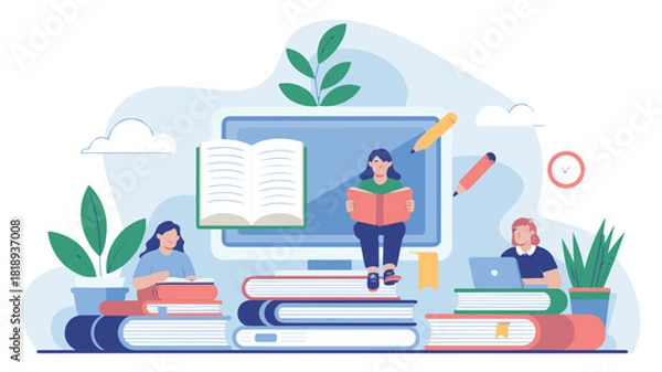 Fototapeta Online Learning and Education Illustration – Digital Study, E-Learning, and Virtual Classroom Concept
