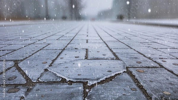 Fototapeta Close-up of an icy city sidewalk during snowfall, highlighting frozen pavement, snowflakes, and slippery surfaces, symbolizing winter hazards and urban ice conditions