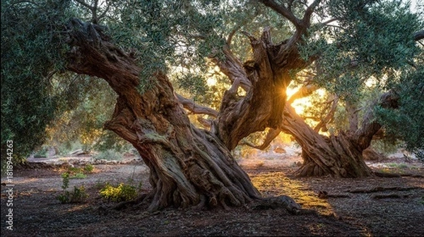 Obraz bark. Ancient olive tree with twisted, powerful branches under the golden light of sunset, deep shadows. inspiring travel planning, gardening catalogs, designed for gardening and botanical catalogs.