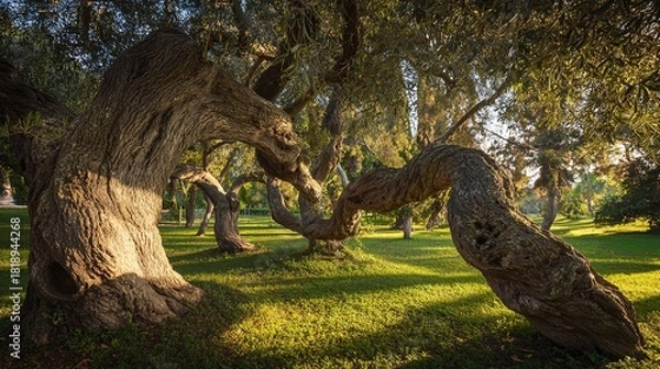 Fototapeta bark. Ancient olive tree with twisted, powerful branches under the golden light of sunset, deep shadows. inspiring travel planning, gardening catalogs, designed for gardening and botanical catalogs.