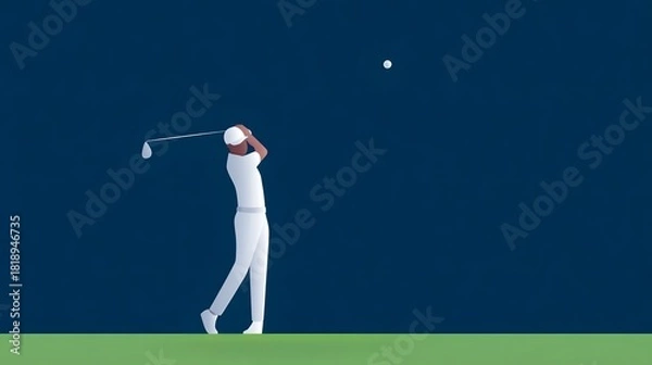 Fototapeta Focused golfer in white clothing executes a dynamic swing striking a golf ball high against a dark blue sky set against a vibrant green golf course background symbolizing sport and concent n