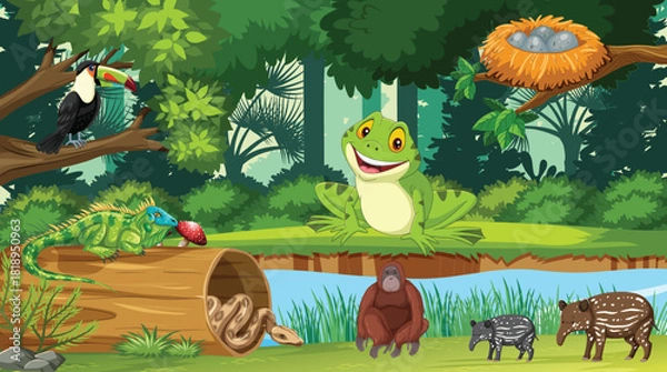 Obraz Forest or rainforest scene with tiger family