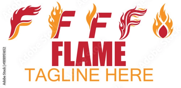 Fototapeta Various stylized letter f logos with flame motifs and the word flame, symbolizing fire and energy, perfect for branding and design, isolated on white background