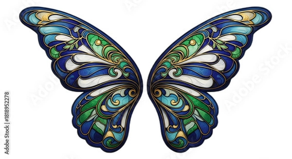 Obraz Ornate butterfly wings with blue green and gold on a white background on transparent background