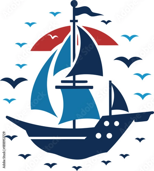 Obraz Nautical Sailboat Emblem with Flying Birds and Sunset