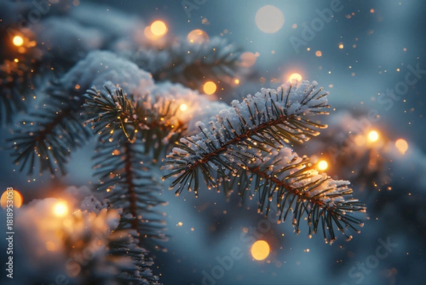 Fototapeta christmas tree with lights, snow and green leaves