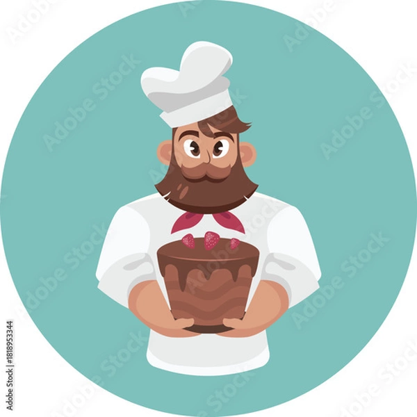 Obraz Bearded Baker Holding a Delicious Chocolate Cake