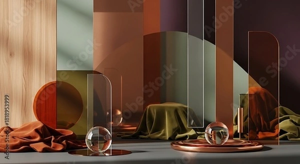 Fototapeta an abstract composition featuring geometric shapes draped fabrics and reflective spheres in warm muted tones creates a minimalist aesthetic high quality professional detailed modern elegant stylish