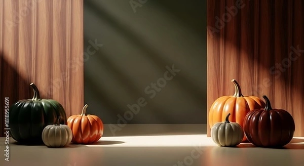 Fototapeta a still life arrangement displays a variety of pumpkins in different shades of orange and green bathed in warm light and shadow high quality professional detailed