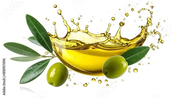 Obraz Olive Oil Splash with Olives and Leaves.