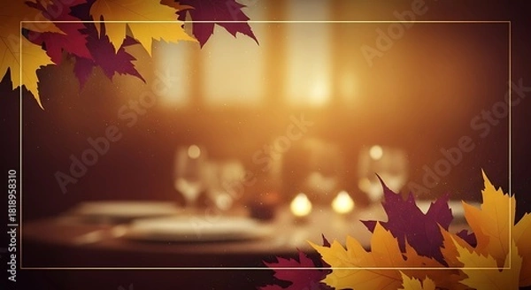 Fototapeta an autumn themed dining table arrangement with blurred background lights falling leaves and delicate glassware suggests a cozy seasonal celebration high quality professional detailed modern elegant