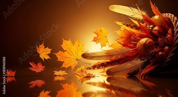 Fototapeta a vibrant still life composition features autumn leaves feathers and walnuts arranged with warm lighting and reflective surfaces for a rich aesthetic high quality professional detailed