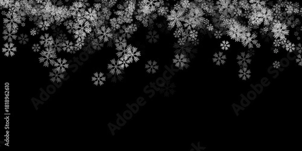Fototapeta Black winter background with falling snow overlay and white snowflakes