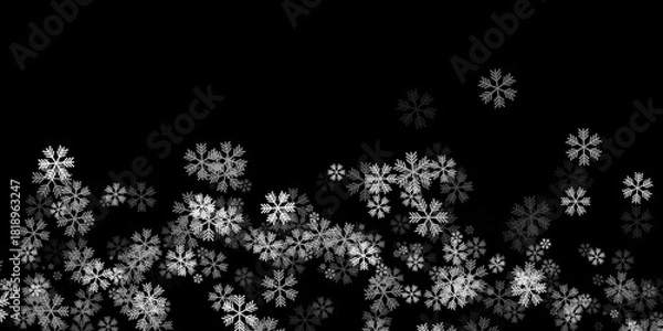 Fototapeta White falling snowflakes on dark black background snow overlay.