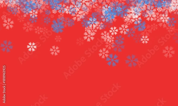 Fototapeta Dark red Christmas background with falling white and blue snowflakes.