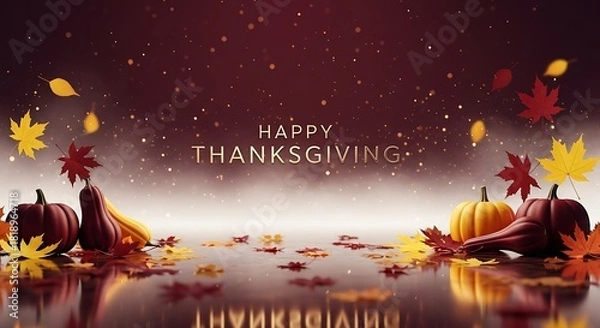 Fototapeta a festive thanksgiving background showcases vibrant pumpkins and falling autumn leaves sparkling with a gentle glow and a reflective surface high quality professional detailed modern elegant