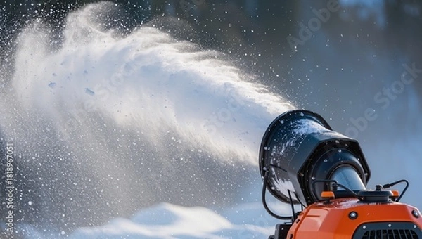 Obraz Close-up of a snow removal machine clearing snow, with flying snowflakes and blurred winter street in the background, showcasing winter maintenance and urban snow management