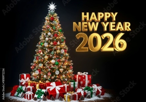 Fototapeta Decorated Christmas tree with gifts and HAPPY NEW YEAR 2026 text, festive and colorful, representing a joyful holiday celebration against a black background