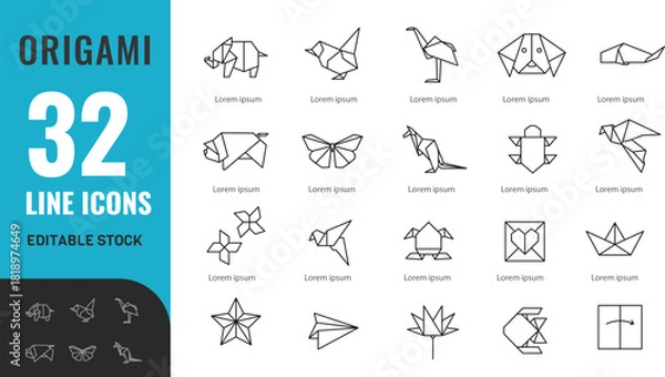 Fototapeta 折り紙ライン編集可能アイコンセット。関連アイコン：魚、紙、折る、アート、クラフト、クリエイティブ。ベクターイラスト