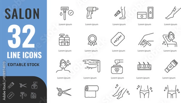 Fototapeta サロンラインの編集可能なアイコンセット。関連アイコン：理容師、髪、美容、化粧品、スパ。ベクターイラスト