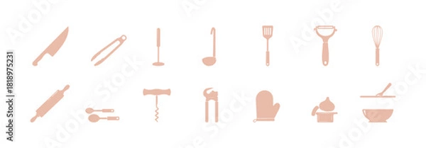 Fototapeta Vector icons in one color representing kitchen utensils and cooking gear, all on a clean white background.

