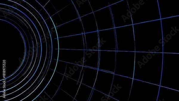 Fototapeta Abstract Dark Background with Glowing Rings and Grid Perspective Illusion