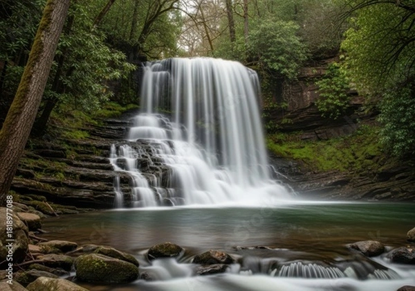 Fototapeta Lush forest waterfall cascading into a serene pool outdoors