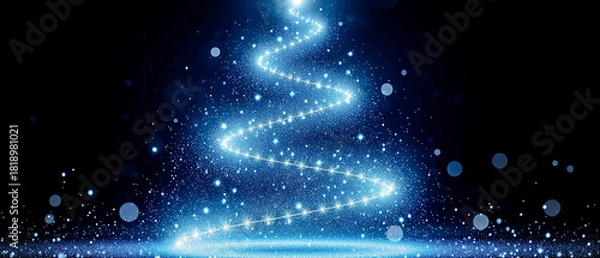 Obraz Abstract Christmas tree made of swirling blue light, glowing with sparkling particles for a magical and festive holiday atmosphere.