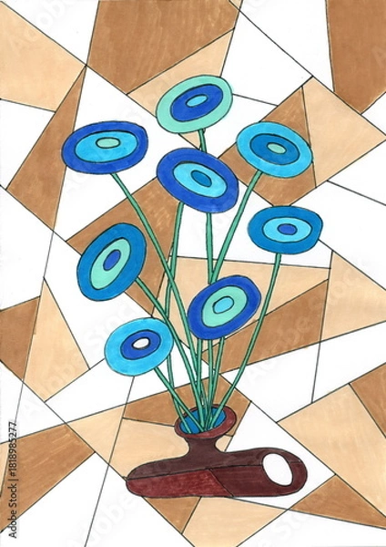 Fototapeta The illustration depicts a stylized bouquet of flowers in a vase, executed in a contrasting, geometric style. The bouquet contains several flowers on thin stems.