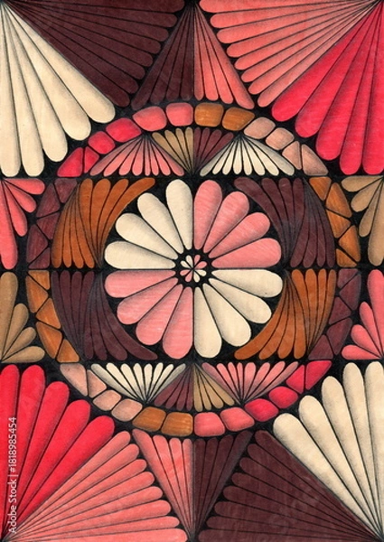 Obraz A highly detailed, symmetrical abstract pattern reminiscent of a complex mandala. The design is executed in a warm, autumnal red palette with a strong emphasis on radial shapes. 