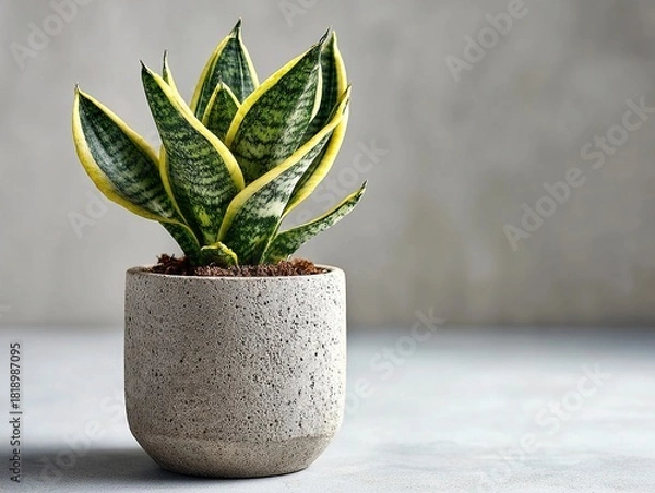 Fototapeta The snake plant is elegantly planted in a minimalist cylindrical concrete pot; this simple and clean composition emphasizes modern interior design, sustainability, and a life-affirming concept.