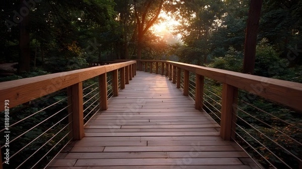 Fototapeta A beautifully crafted wooden walkway meanders through a dense green forest illuminated by the soft golden glow of the setting sun creating a tranquil
