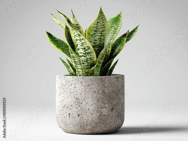 Fototapeta The snake plant is elegantly planted in a minimalist cylindrical concrete pot; this simple and clean composition emphasizes modern interior design, sustainability, and a life-affirming concept.