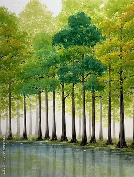 Fototapeta Serene forest with tall trees by calm water.