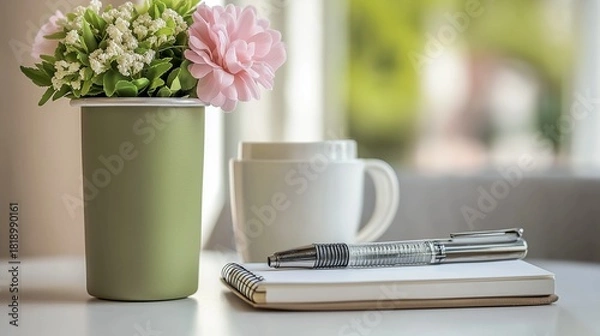 Fototapeta A minimalistic flat lay of stationery items such as pens, a notebook, and a coffee cup,