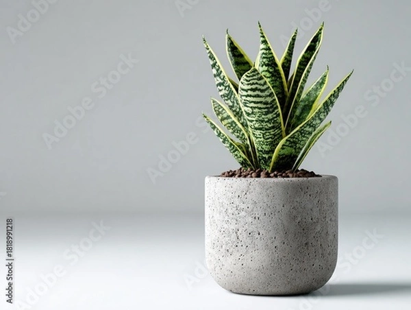 Fototapeta The snake plant is elegantly planted in a minimalist cylindrical concrete pot; this simple and clean composition emphasizes modern interior design, sustainability, and a life-affirming concept.