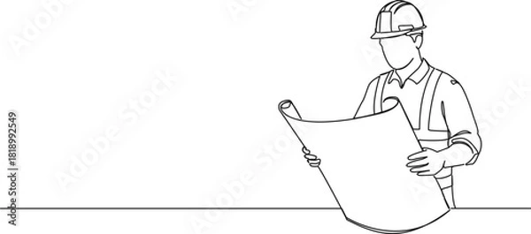 Obraz continuous line drawing of construction worker looking at blueprint, line art vector illustration.
