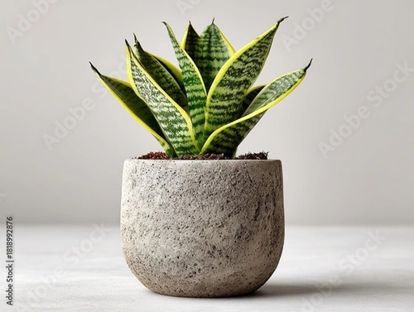 Fototapeta The snake plant is elegantly planted in a minimalist cylindrical concrete pot; this simple and clean composition emphasizes modern interior design, sustainability, and a life-affirming concept.