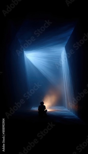 Obraz In the depths of solitude, a lone figure is bathed in ethereal light, finding solace in contemplation amidst the darkness. The light of hope.
