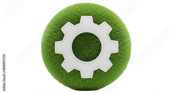 Fototapeta White gear on green grassy sphere against a white background studio on transparent background