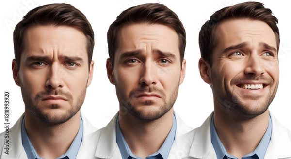 Fototapeta Man expressing different emotions in a collage of three images on transparent background