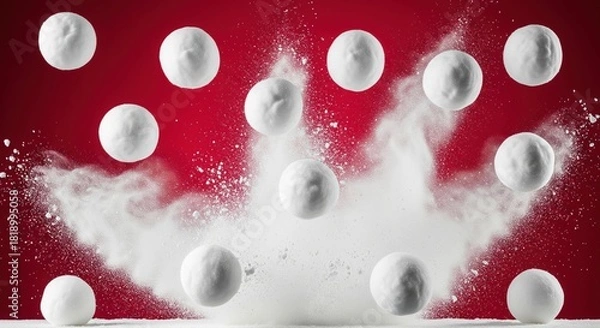 Fototapeta Dynamic composition of white snowballs flying in the air with powder explosion on red background.
