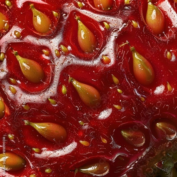 Fototapeta Close-Up of a Fresh Juicy Strawberry Showcasing Its Texture, Seeds, and Vibrant Red Color in Rich Detail