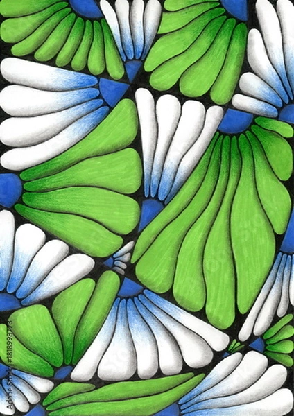 Fototapeta A dense and dynamic abstract pattern reminiscent of a greatly enlarged fragment of a flower field. The pattern has clear black contours separating all elements. 