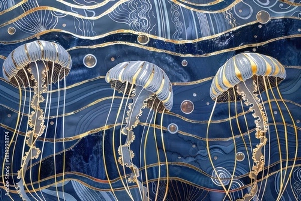Obraz An Artistic Depiction of Graceful Jellyfish Floating Through an Underwater Scene Rich with Waves and Intricate Patterns Reflecting Ocean Life