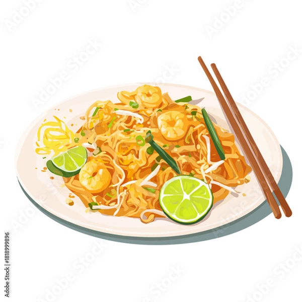 Obraz Flat 2D Pad Thai vector illustration, icon graphic on white background