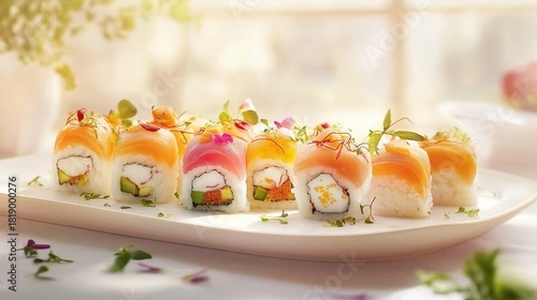 Fototapeta A delicious plate of fresh sushi, elegantly arranged on a white plate