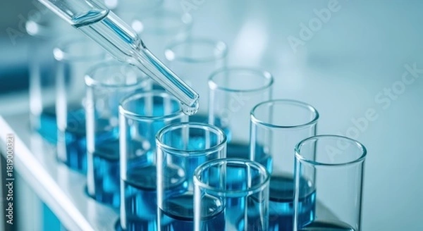 Obraz Modern laboratory experiment precisely dispenses vital blue chemical liquid into multiple clear test tubes, representing medical research innovation
