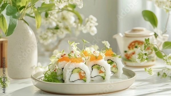 Fototapeta A delicious plate of fresh sushi, elegantly arranged on a white plate